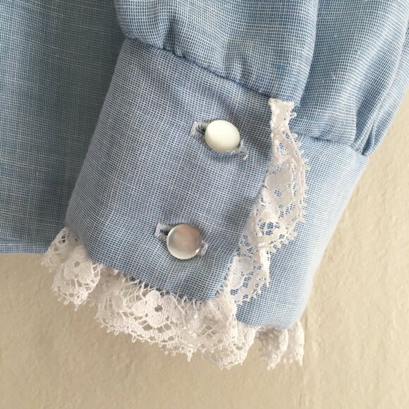 Vintage 1970's Rhoda Lee Lace Trimmed Chambray Button-Up Prairie Blouse - Picture 6 of 10